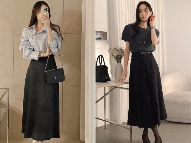 Chân váy đen dễ dàng biến hóa từ phong cách chỉn chu nơi công sở đến nhẹ nhàng khi dạo phố.