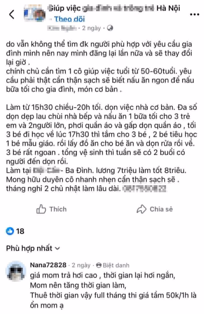 Bài đăng tuyển giúp việc với mức lương 8 triệu đồng gây ra nhiều luồng ý kiến trái chiều.